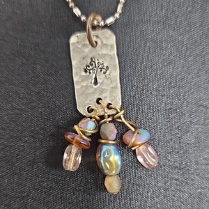 Iridescent Multicolor Bead Dangle Necklace - Mixed Metal Pendant